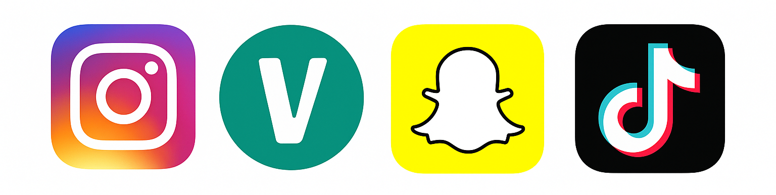 4 App Logos nebeneinander: Instagram, Vinted, Snapchat, Tiktok